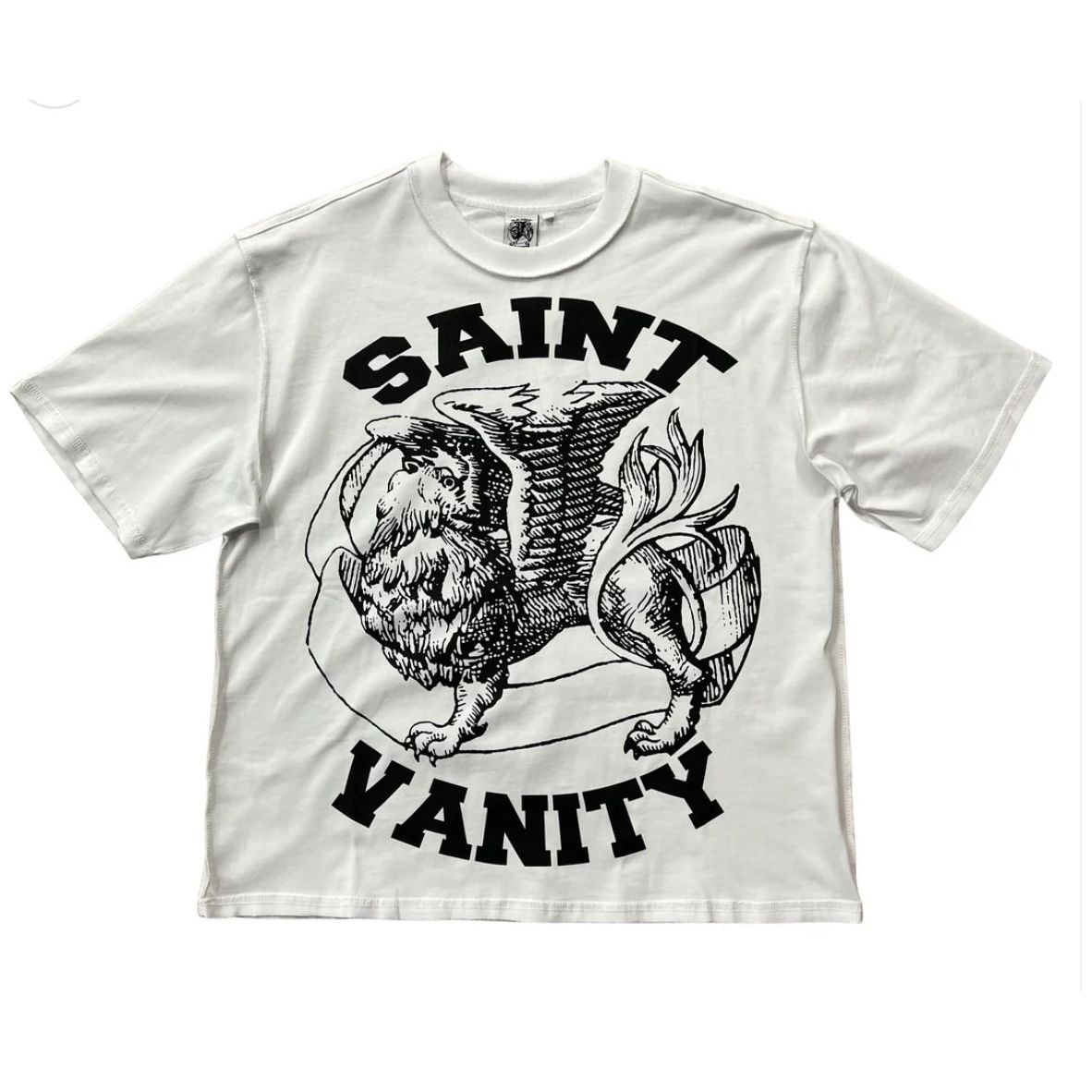 White Saint Vanity Griffin Tee featuring a large black graphic of a winged griffin between "SAINT" and "VANITY" text.