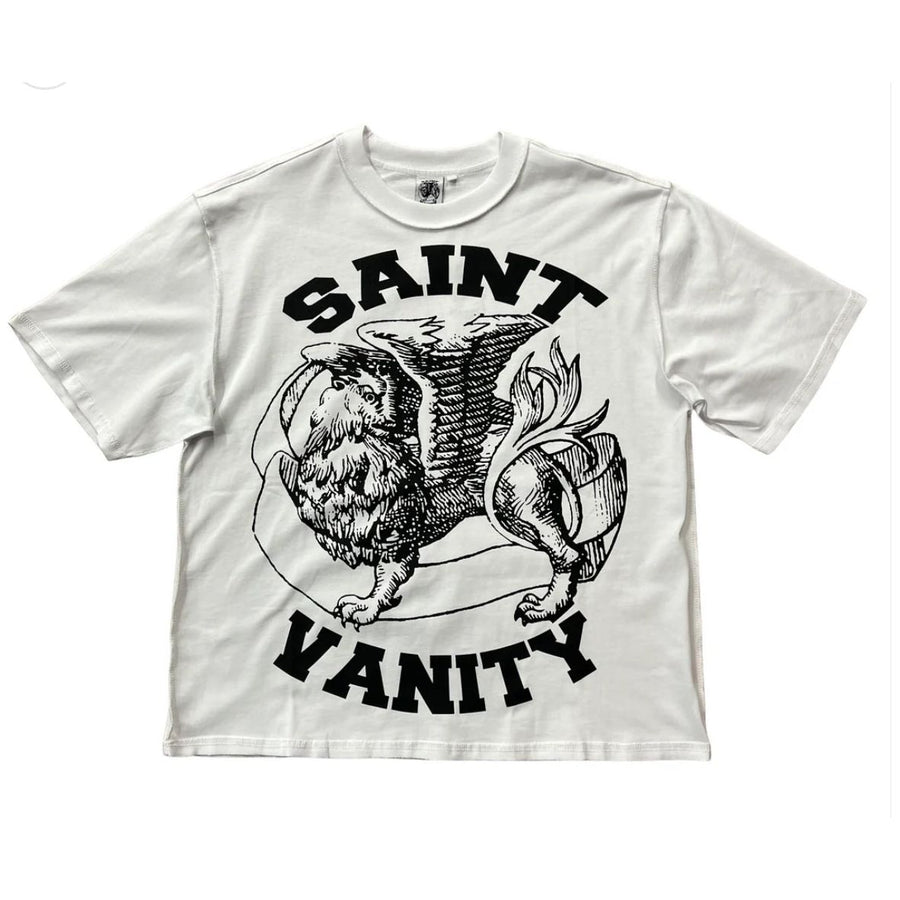 White Saint Vanity Griffin Tee featuring a large black graphic of a winged griffin between "SAINT" and "VANITY" text.