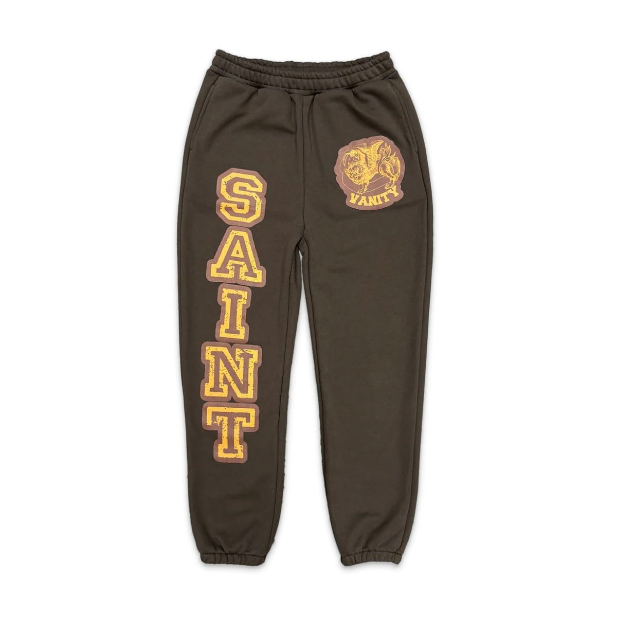 Saint Vanity dark grey varsity sweatpants with gold 'SAINT' lettering down left leg & gold/burgundy 'VANITY' patch on right thigh.