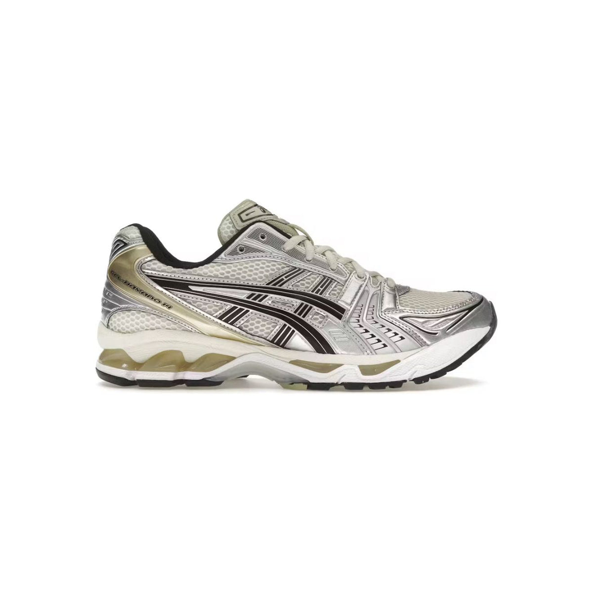 ASICS Gel-Kayano in Birch Pure Silver. White mesh upper, metallic silver overlays, black ASICS stripes, visible Gel cushioning.