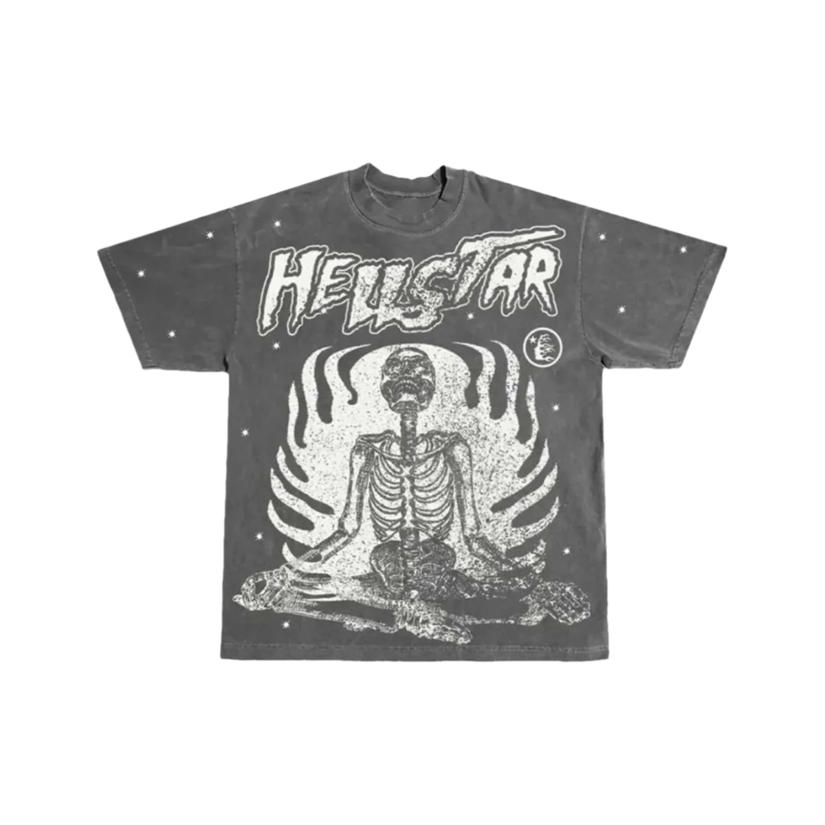 Hellstar Studios Inner Peace distressed black tee. Features Hellstar text, a white meditating skeleton in a fiery aura, & stars.