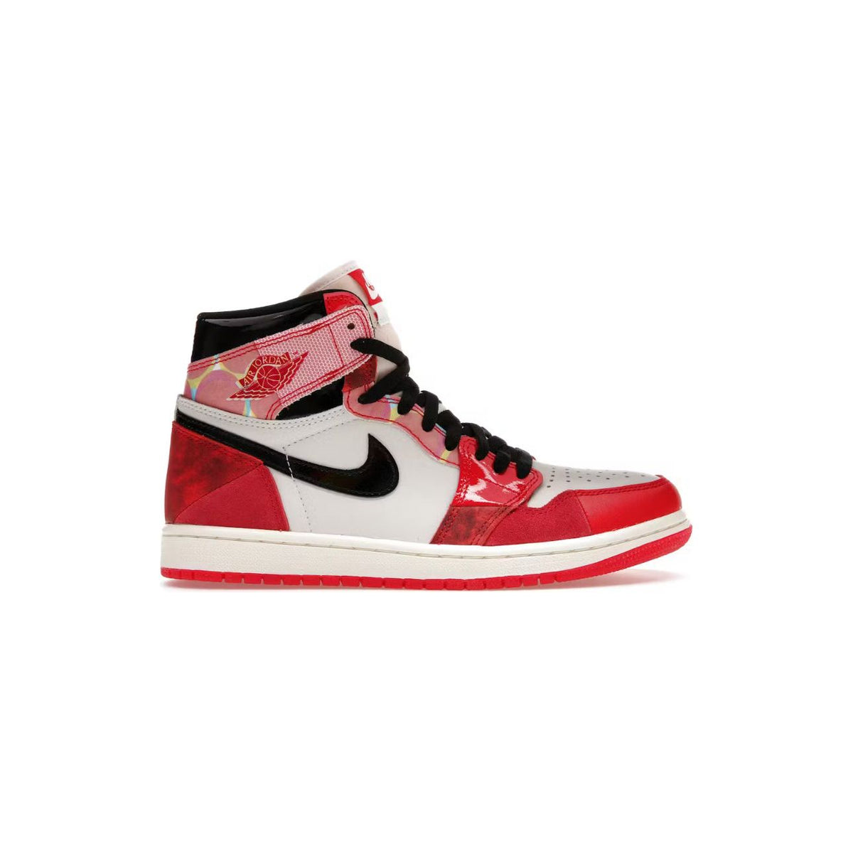 Air Jordan 1 High Spiderman sneaker. White, red splatter, black patent leather, and comic art collar. Black swoosh & red wings logo.