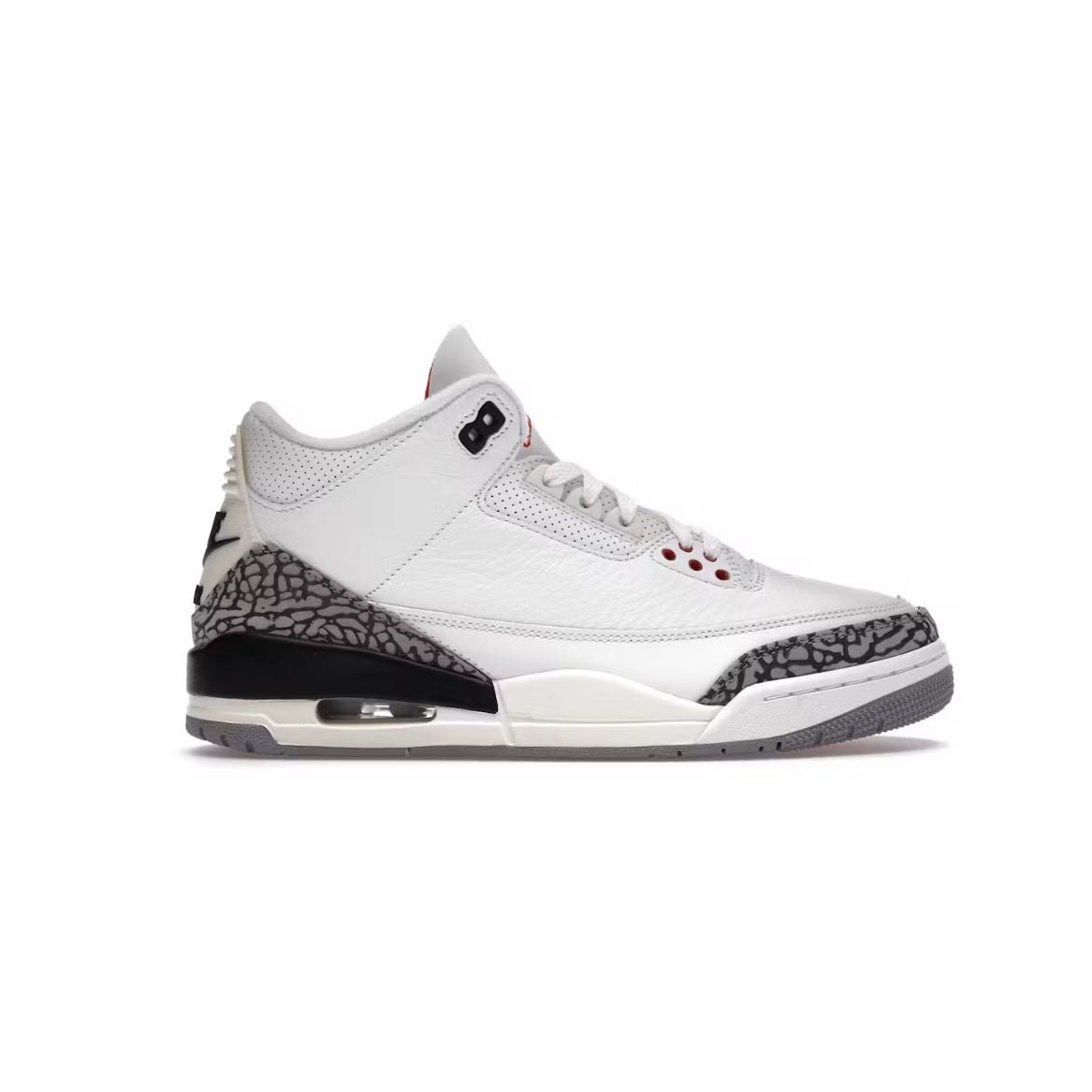 Air Jordan 3 Retro White Cement mid-top sneaker. White leather, grey elephant print, red accents, visible Air unit.