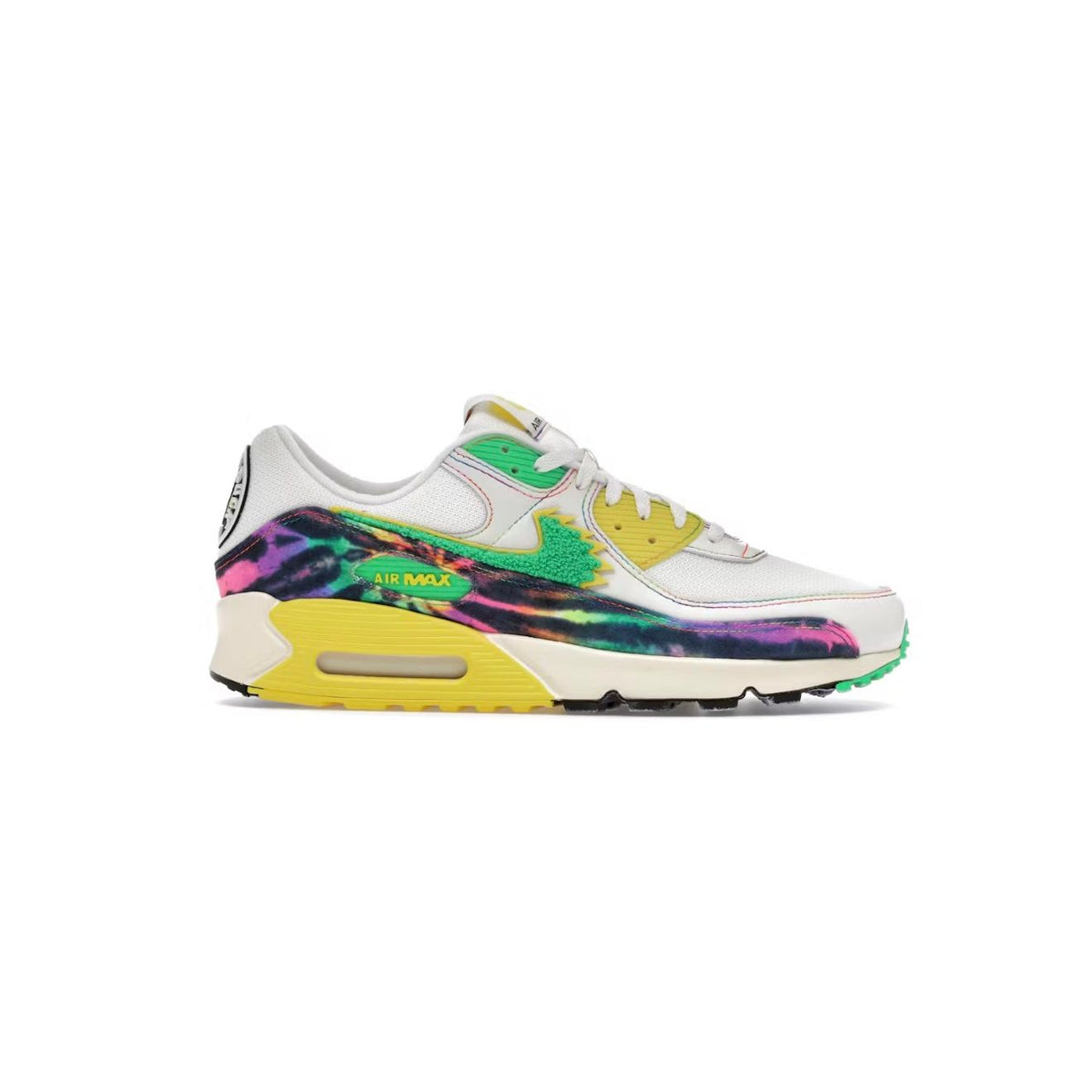 NIKE Air Max 90. White mesh, vivid Grateful Dead tie-dye panels, green fuzzy swoosh, yellow accents & heel logo.