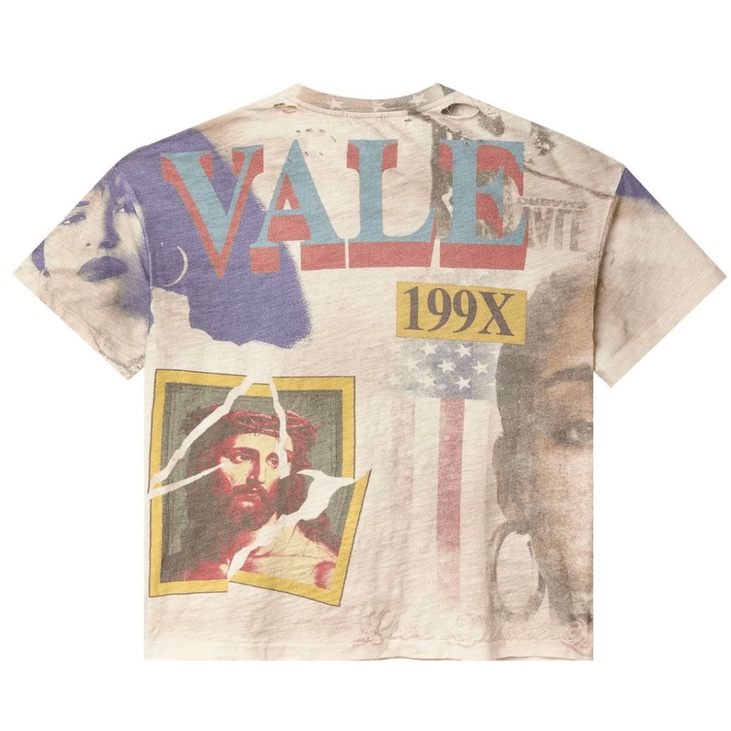 Cream distressed Vale Forever tee with large 'VALE,' '199X,' torn Jesus, Britney Spears' face, & US flag collage.