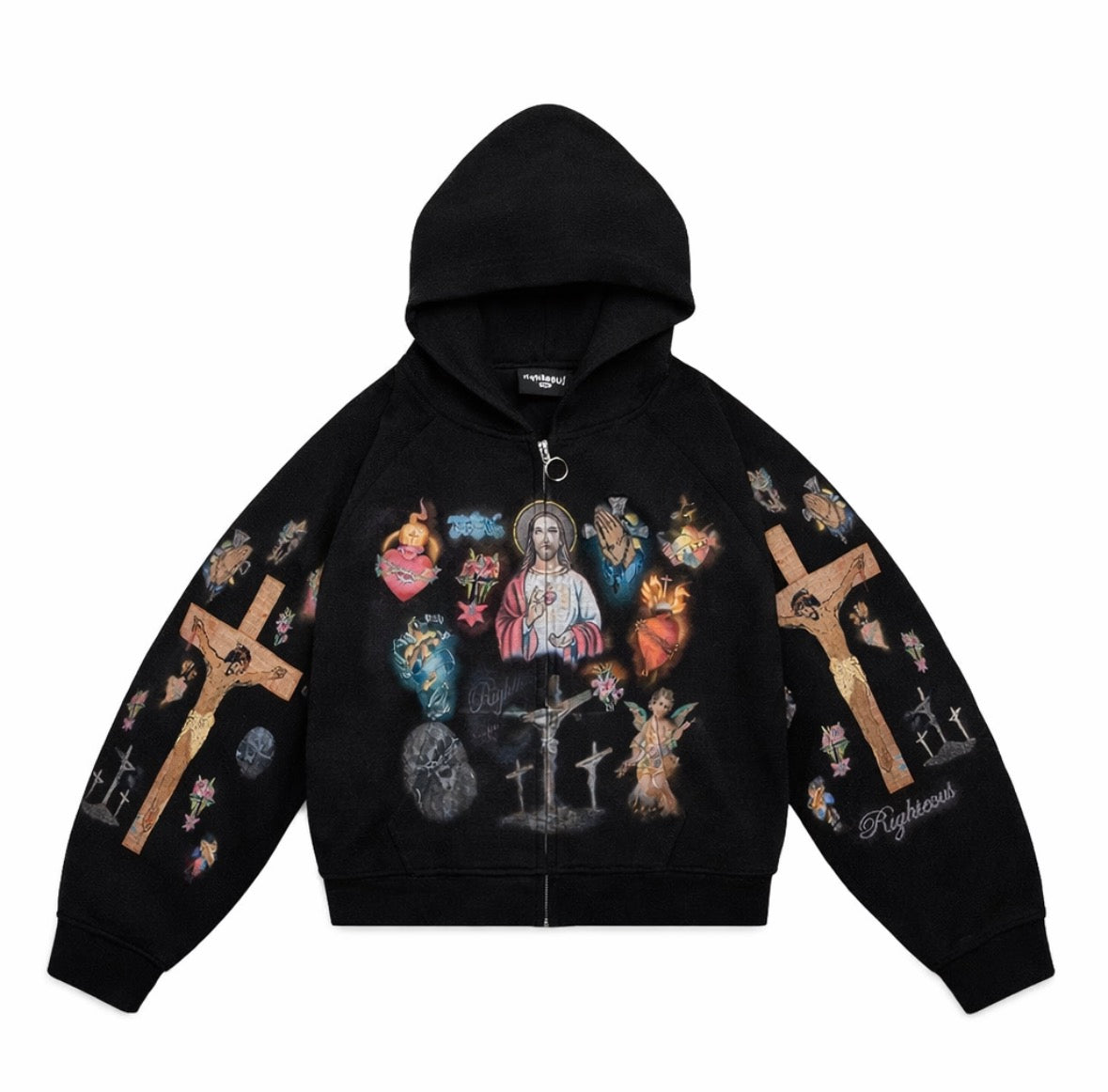 Black thermal zip-up hoodie with "Righteous" on sleeve. Features Jesus, multiple flaming hearts, and crosses on both arms.