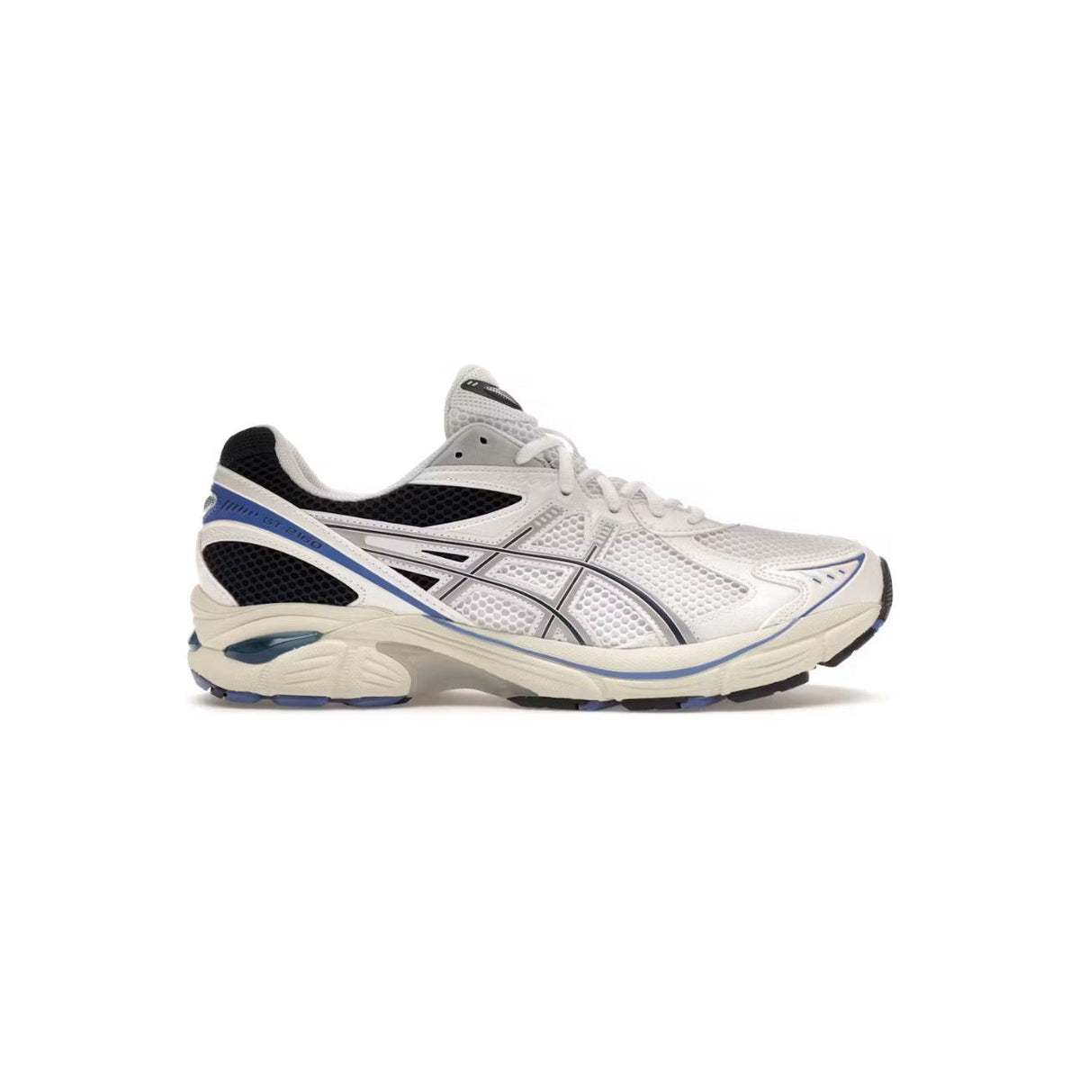 ASICS GT-2160 running shoe in Piedmont Grey Blue, featuring a mesh upper, black heel, and blue details.