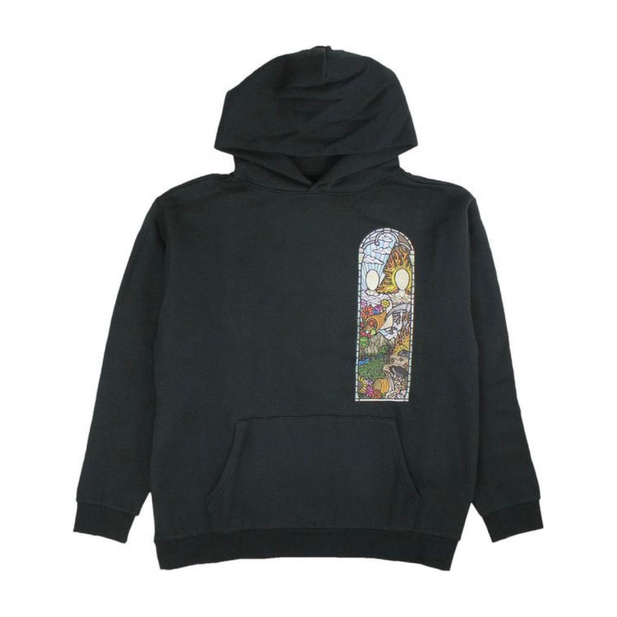 Black Who Decides War Single Glass hoodie with a vibrant vertical stained-glass panel graphic on the front, hood, & kangaroo pocket.