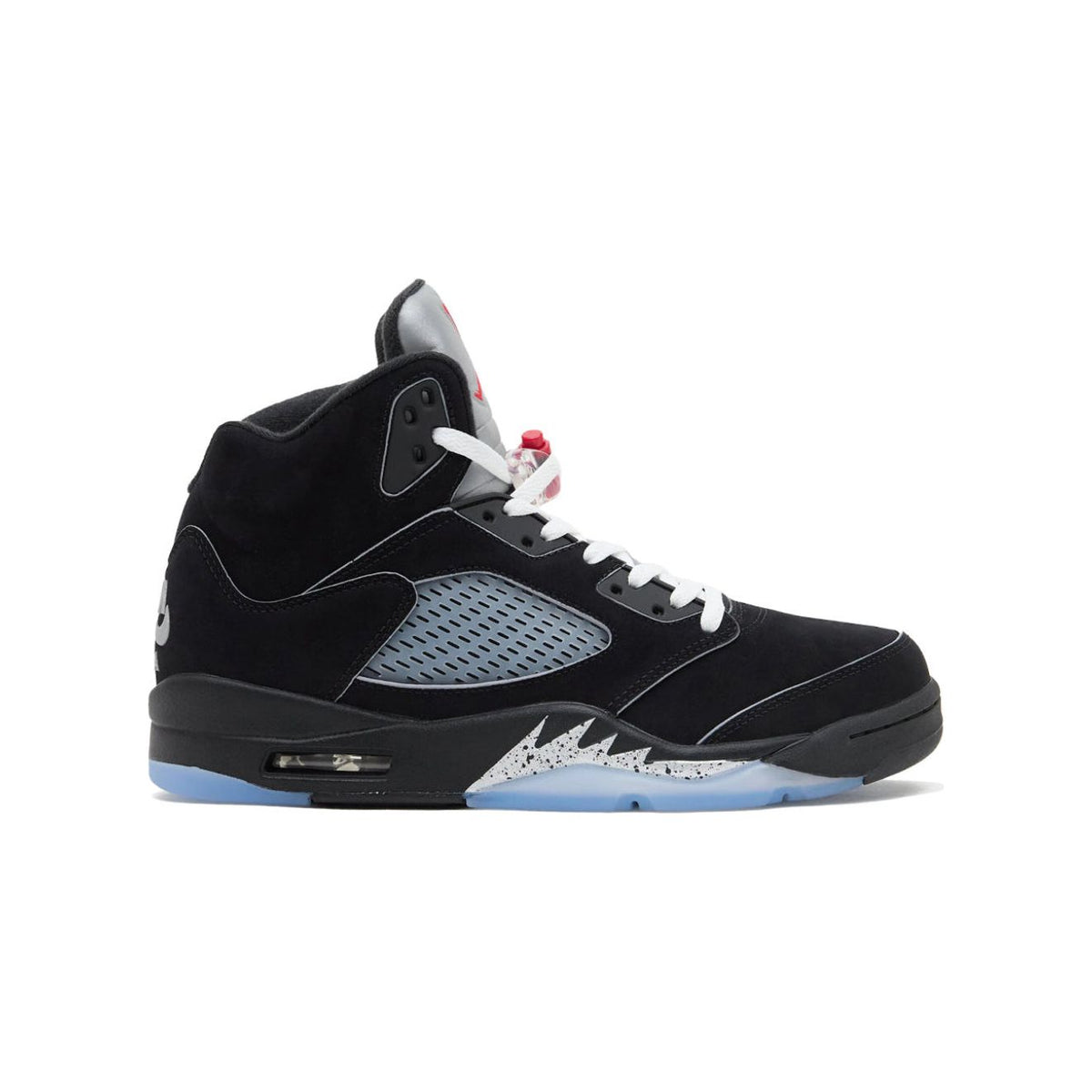 Air Jordan 5 Retro black suede sneaker. Metallic silver tongue, red Jumpman, grey mesh, white laces, icy blue sole with shark teeth.