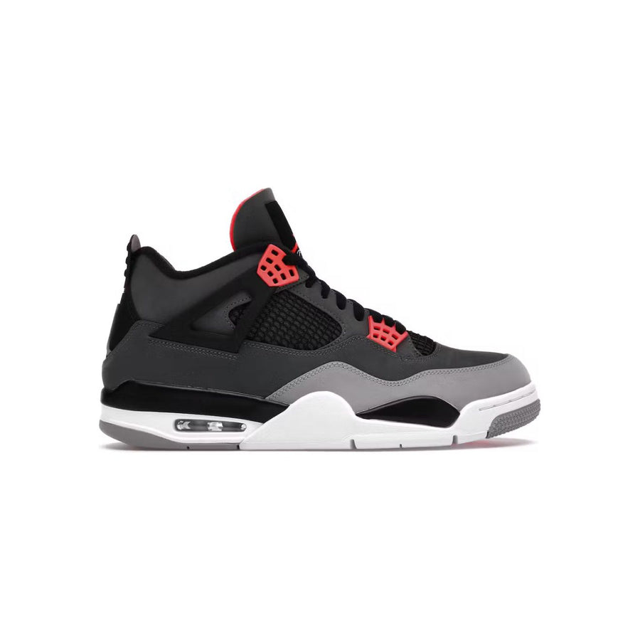 Air Jordan 4 Retro Infrared: dark grey, black, light grey sneaker with bright red lace wings & tongue. Visible Air unit.
