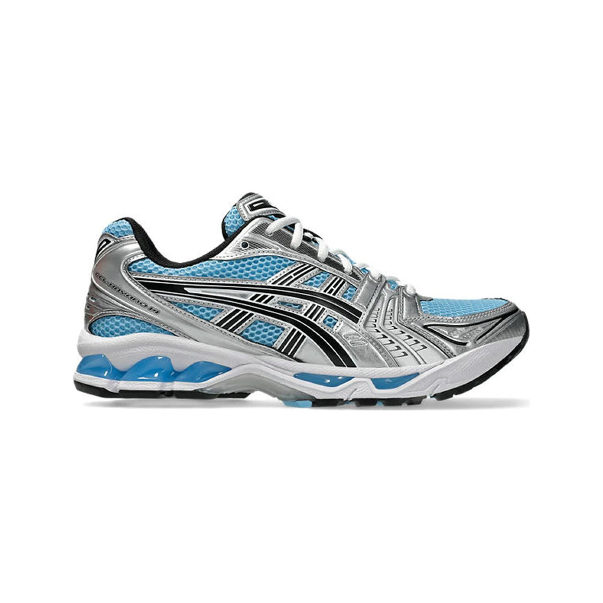ASICS GEL-Kayano 14 sneaker, Artic Sky & Pure Silver with black stripes. Mesh upper, visible blue GEL cushioning in heel.