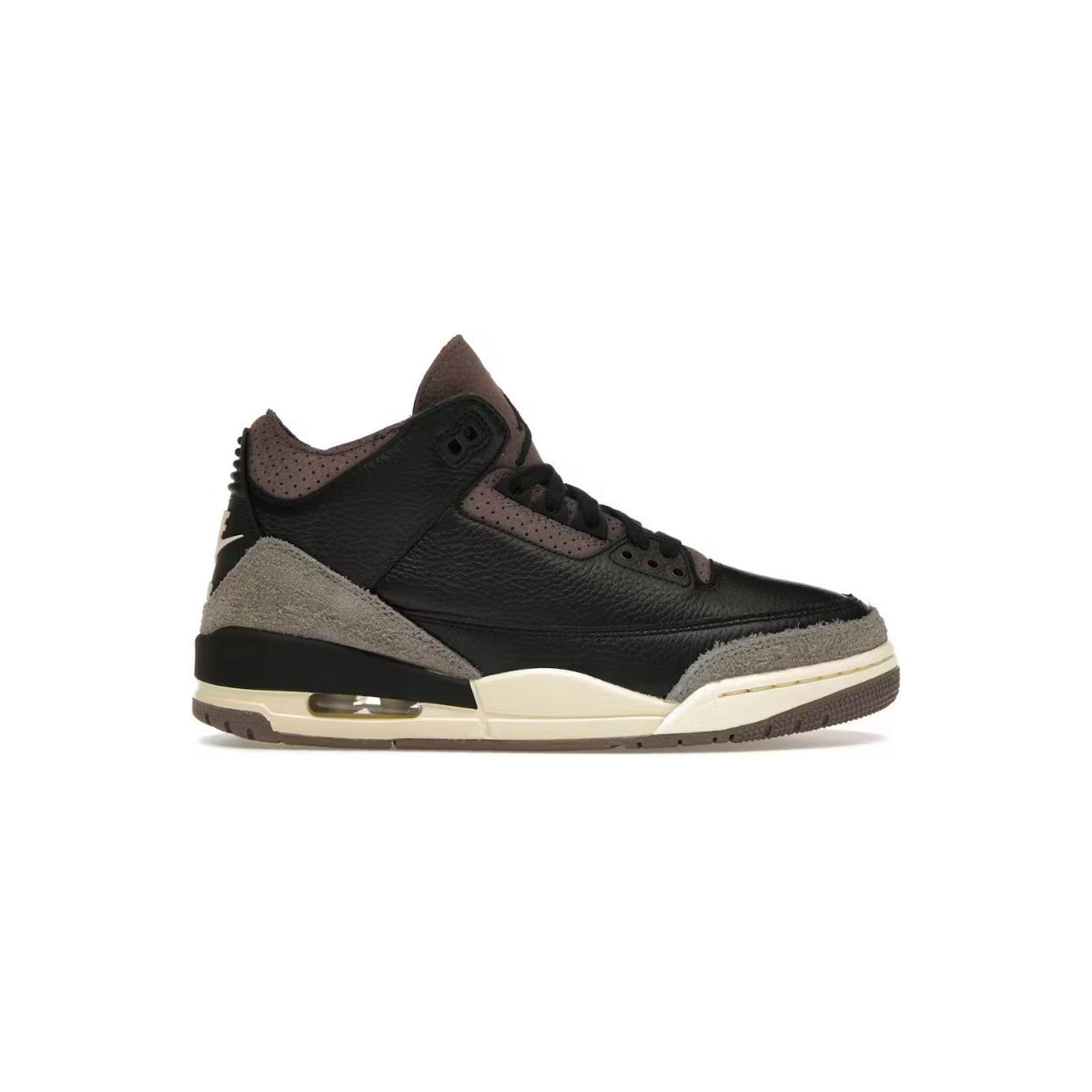 Air Jordan 3 A Ma Maniere WYWS. Black tumbled leather, light grey suede, dark purplish-grey collar, cream midsole, visible Air.
