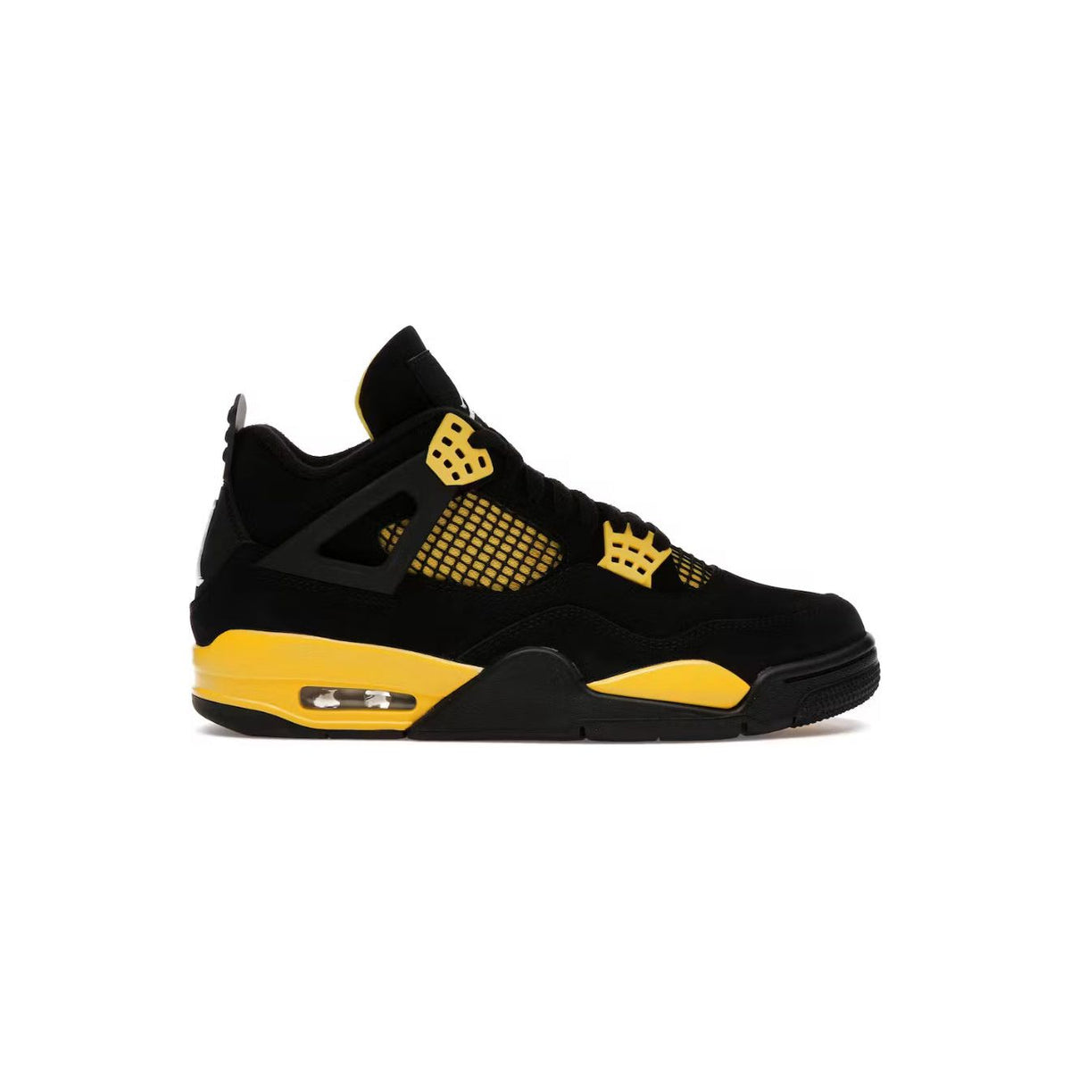 Air Jordan 4 Retro Thunder. Black nubuck upper with bright yellow mesh, lace wings, and midsole accents. Visible Air unit.