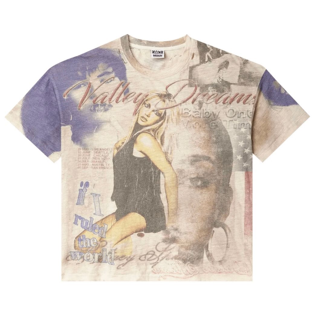 Cream Britney Spears tee with vintage collage. Features Britney in black, 'Valley Dreams,' 'Baby One More Time,' and tour dates list.