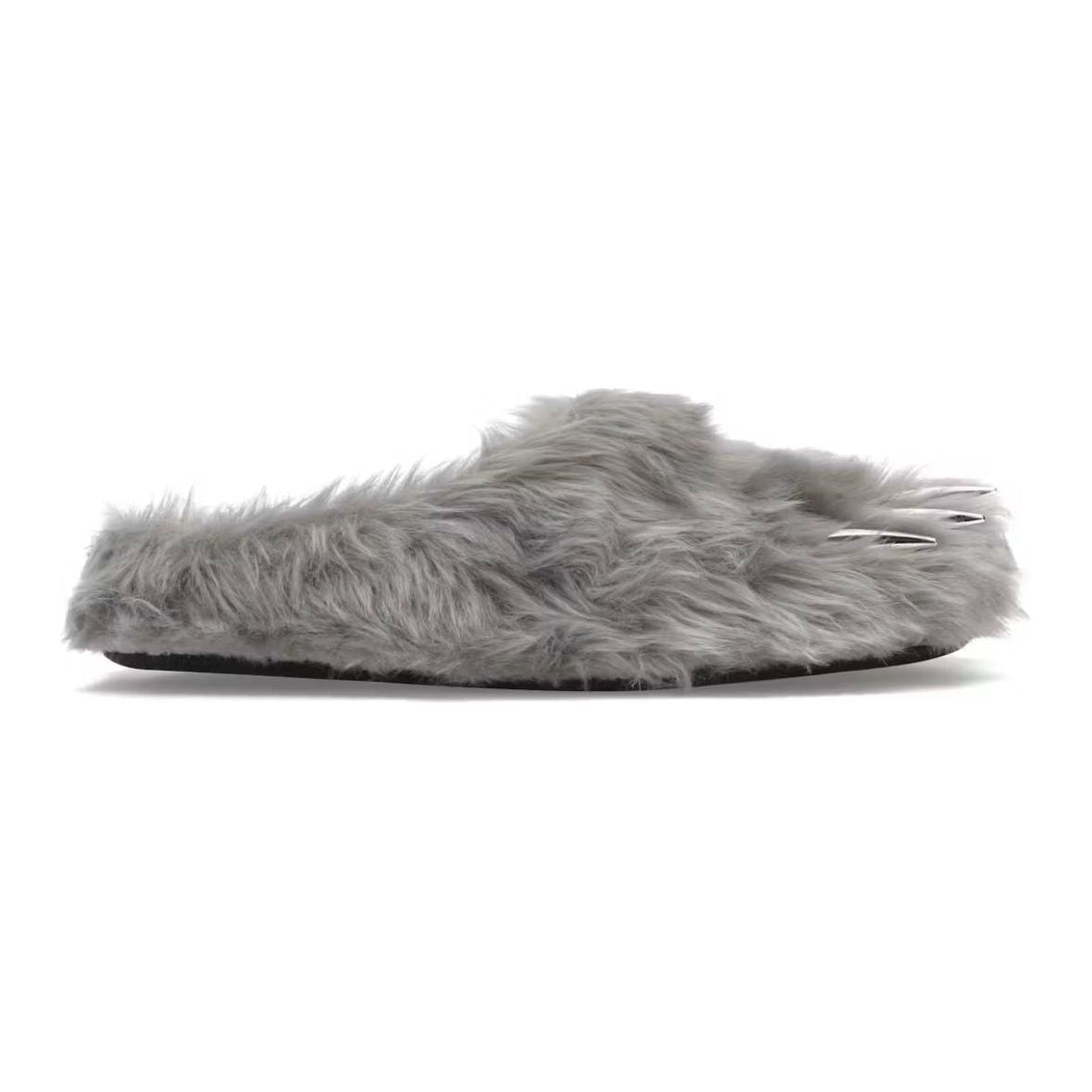 Grey Bravest Studio Bear Claw Mule: a fluffy open-back shoe with three prominent silver claws at the toe.