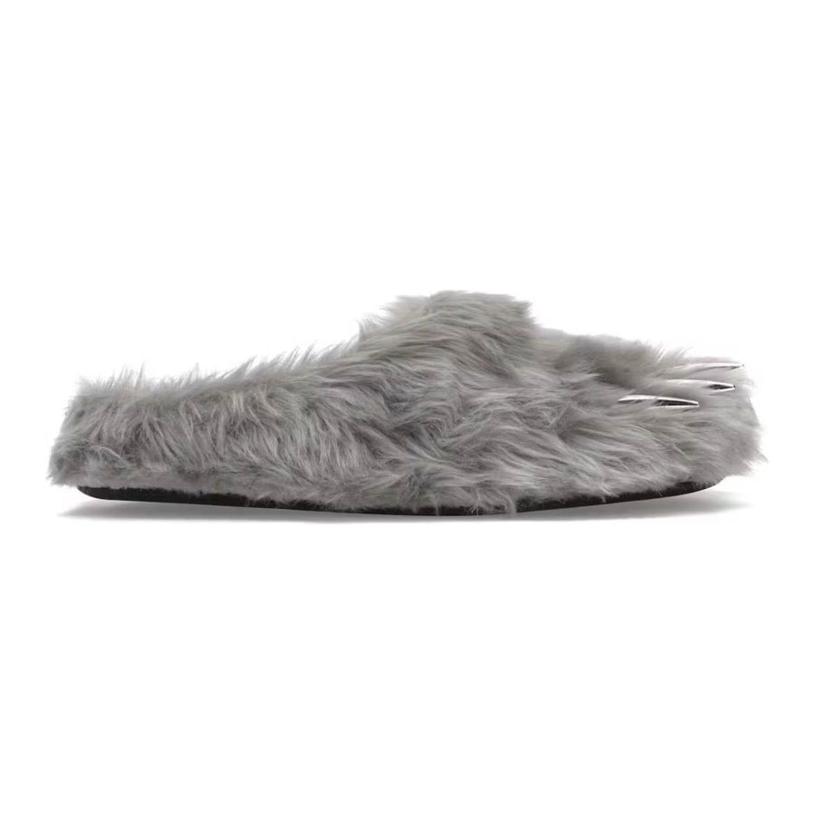 Grey Bravest Studio Bear Claw Mule: a fluffy open-back shoe with three prominent silver claws at the toe.