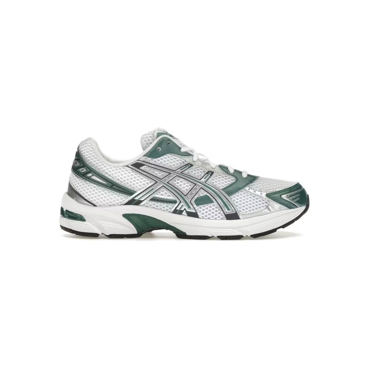 ASICS Gel-1130 running shoe with white mesh, metallic silver & Neptune Green overlays, white midsole, black outsole.