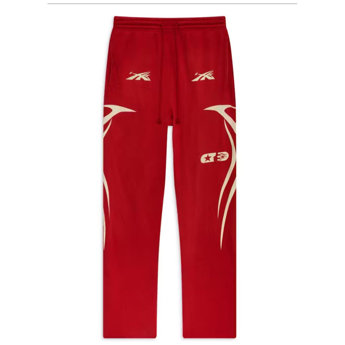 Red Hellstar Studios sports sweatpants with off-white abstract graphics, a star logo on the right thigh, and a drawstring waist.