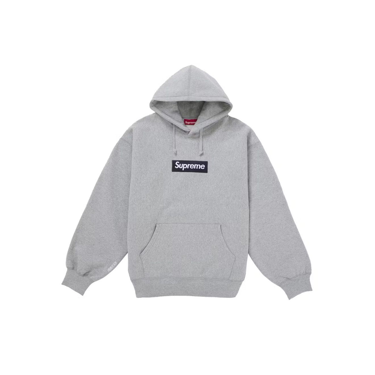 Heather grey Supreme Box Logo hoodie with a black box logo on the chest and a front kangaroo pocket.