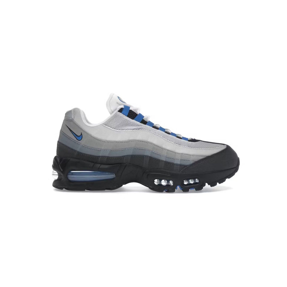 NIKE Air Max 95 OG Big Bubble sneaker. Grey to black gradient upper with Blue Spark accents & visible Air units.