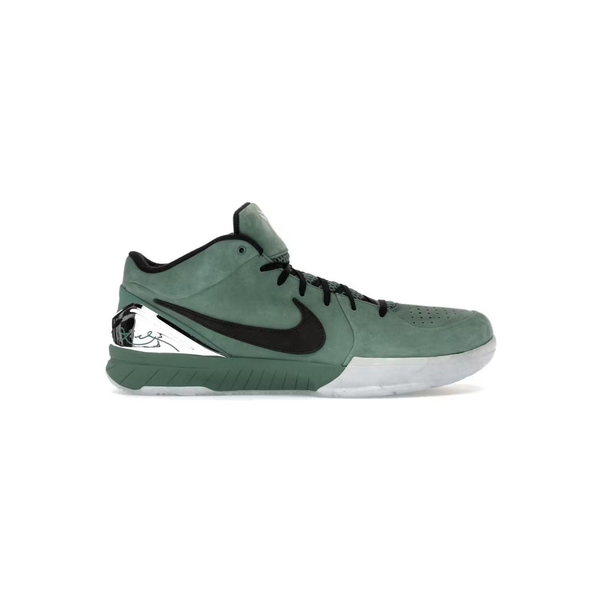 NIKE Kobe 4 Protro "Girl Dad" mid-top in sage green, black swoosh & laces, silver heel plate with signature.