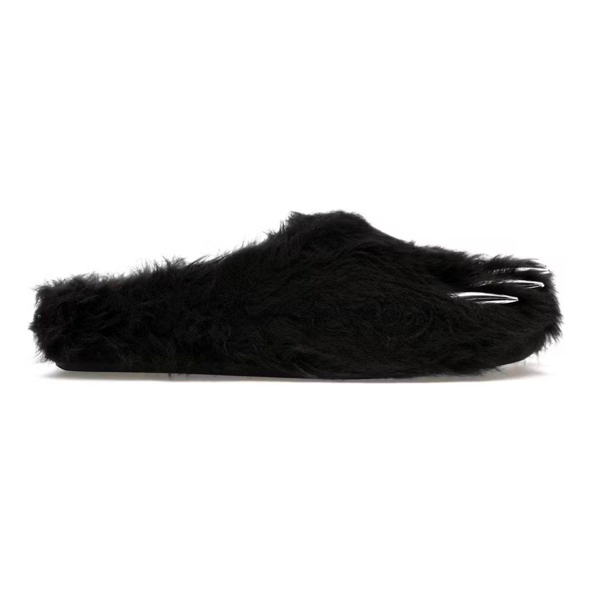 Black fuzzy Bear Claw Mule slipper with pointed toe and prominent silver claws.