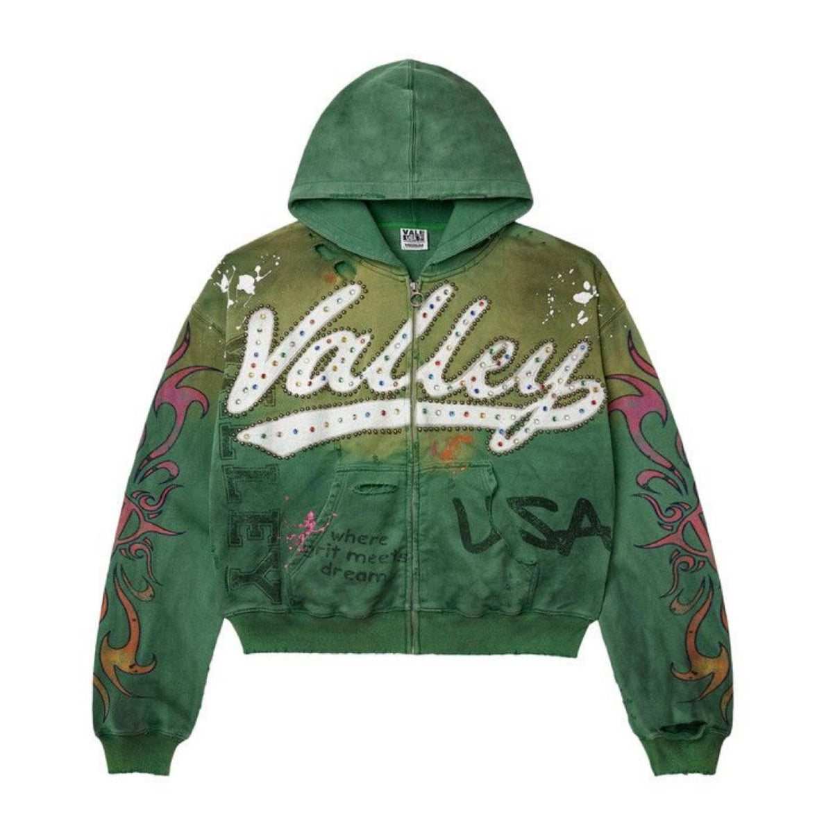 Vale Inferno Zip Up: Distressed green hoodie with studded "Valley" text, colorful rhinestones, paint splatters, USA, and flame graphics.