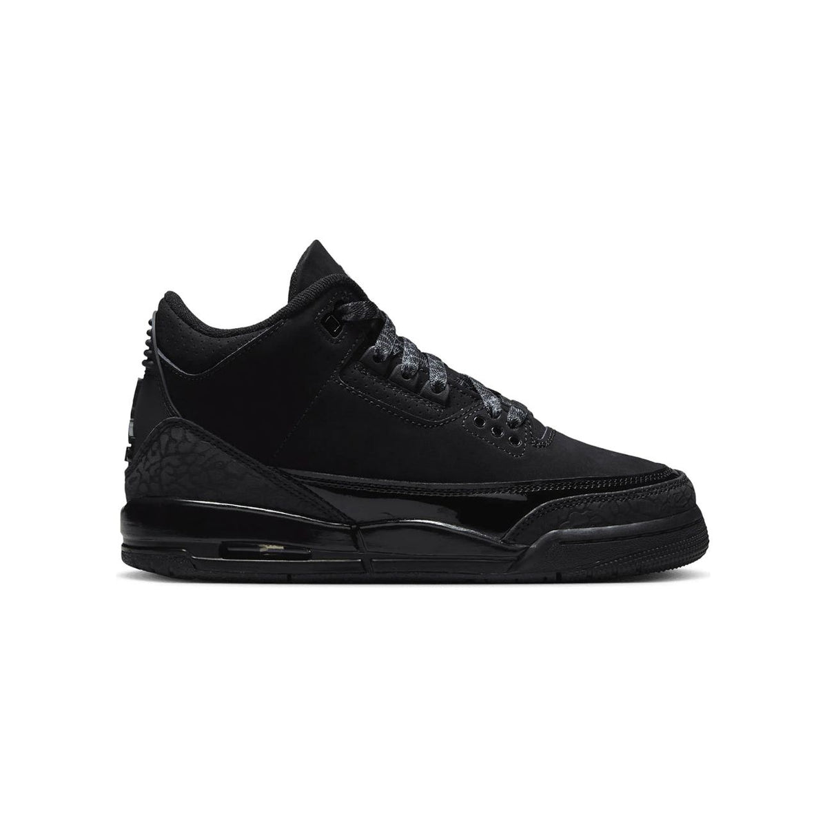 Air Jordan 3 GS "Black Cat" sneaker. All black with matte upper, glossy mudguard, dark elephant print heel, and patterned laces.