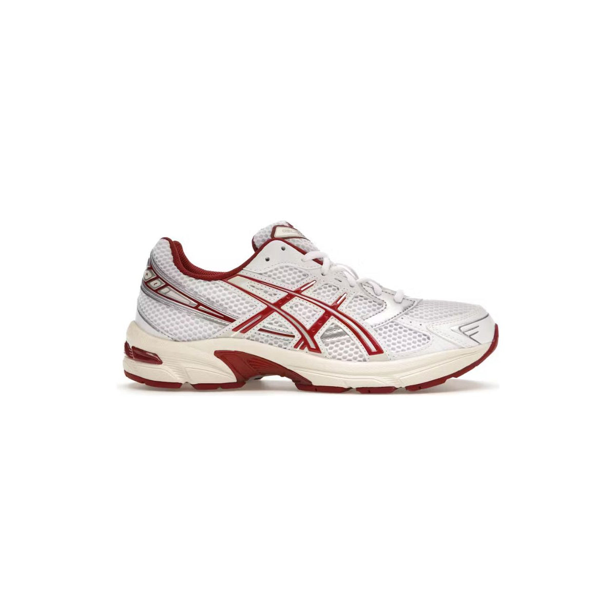 ASICS Gel-1130 Red Dahlia sneakers. White mesh upper with red ASICS stripes, silver accents, and a creamy sole with red details.