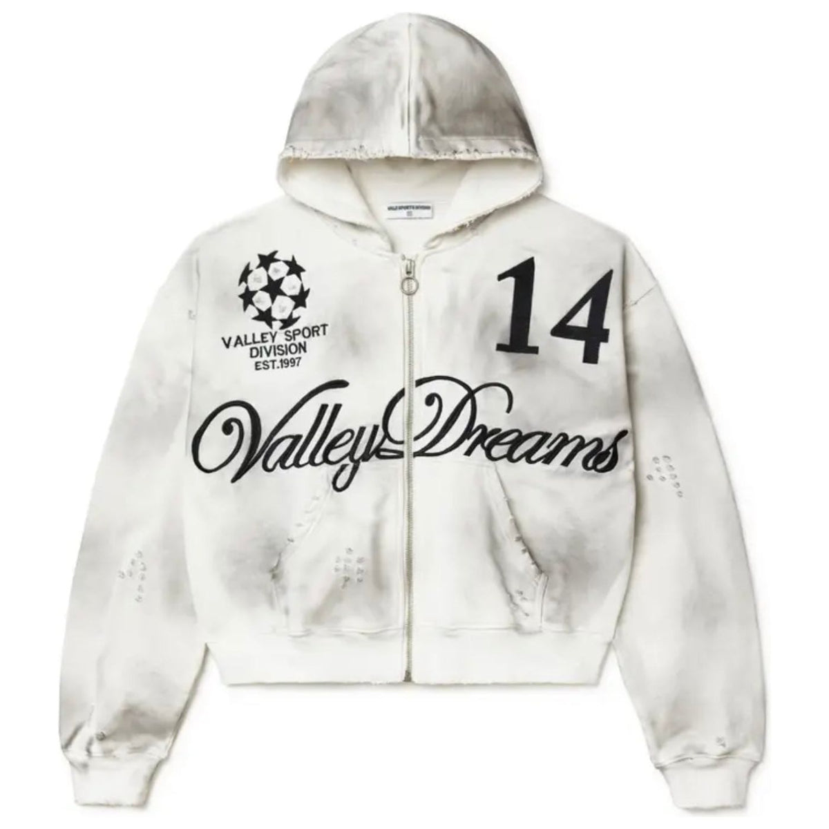 White zip-up hoodie with dark 'Oreo' distressed wash. Features 'Valley Sport Division' soccer logo, '14', & 'Valley Dreams' script.