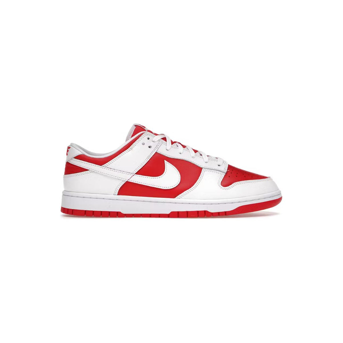 NIKE Dunk Low Championship Red sneaker: white base, red overlays, white Swoosh, white laces, red outsole.