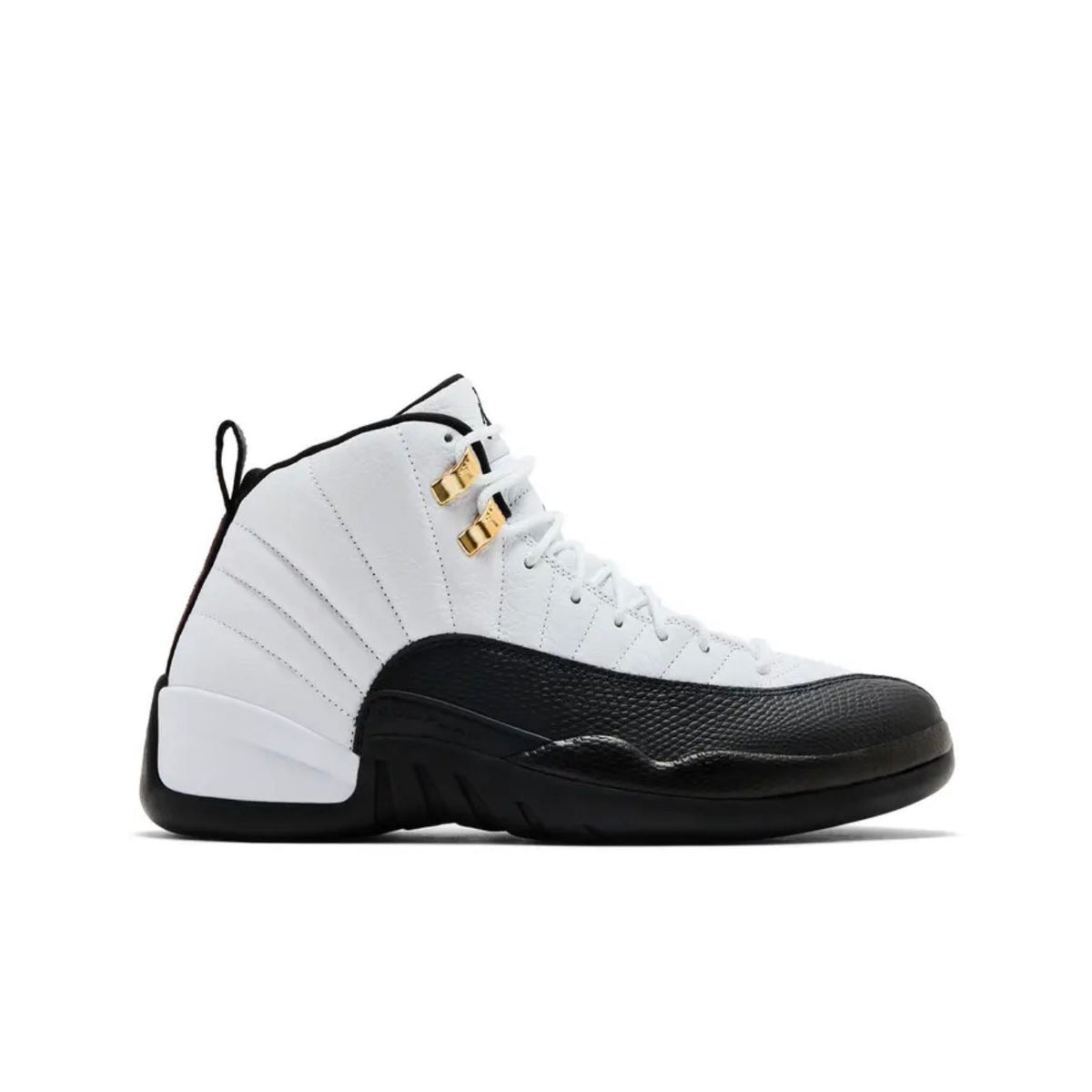 Air Jordan 12 Retro "Taxi" sneaker. White ribbed upper, black textured mudguard and sole, with gold eyelets.