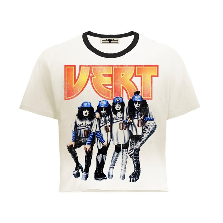 Cream Viss Tee. Cropped, black trim crew neck. Orange 'VERT' text. Graphic of 4 Kiss-like figures in 'Vertebrae' jerseys.