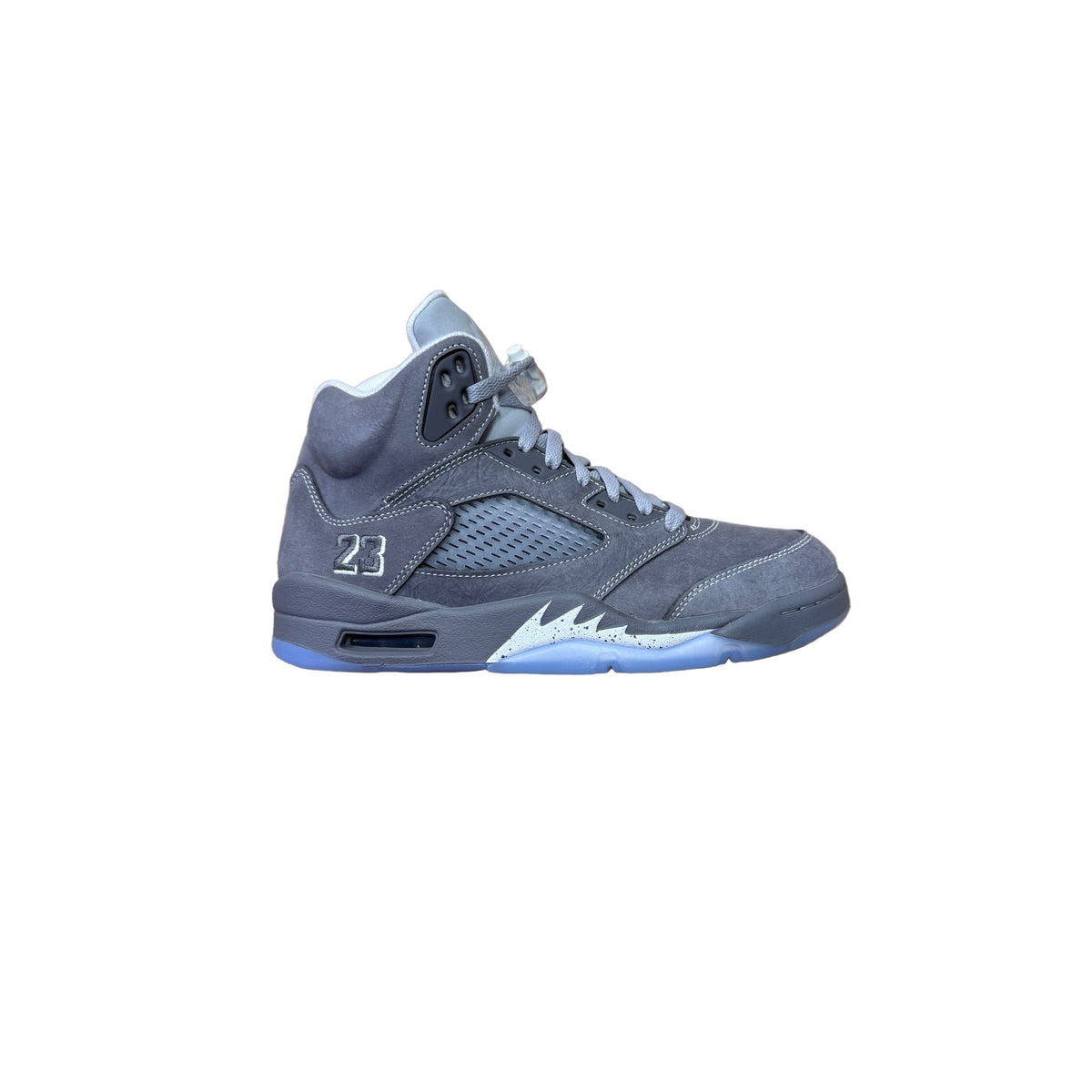 Air Jordan 5 Retro "Wolf Grey" high-top. Grey nubuck upper, mesh panels, "23" on heel, translucent blue sole with speckled shark teeth.