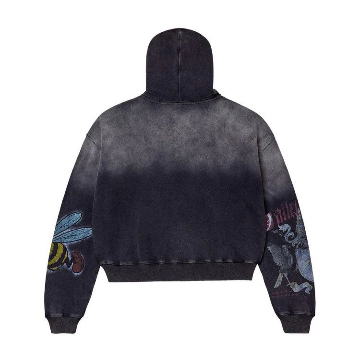 Black Blasted Zip Up hoodie with gray top fade. Yellow bee graphic on left sleeve; gray bird and text graphic on right.
