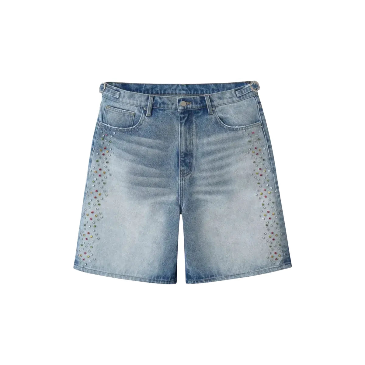 Lightwash denim jorts with colorful crystals lining both outer seams.