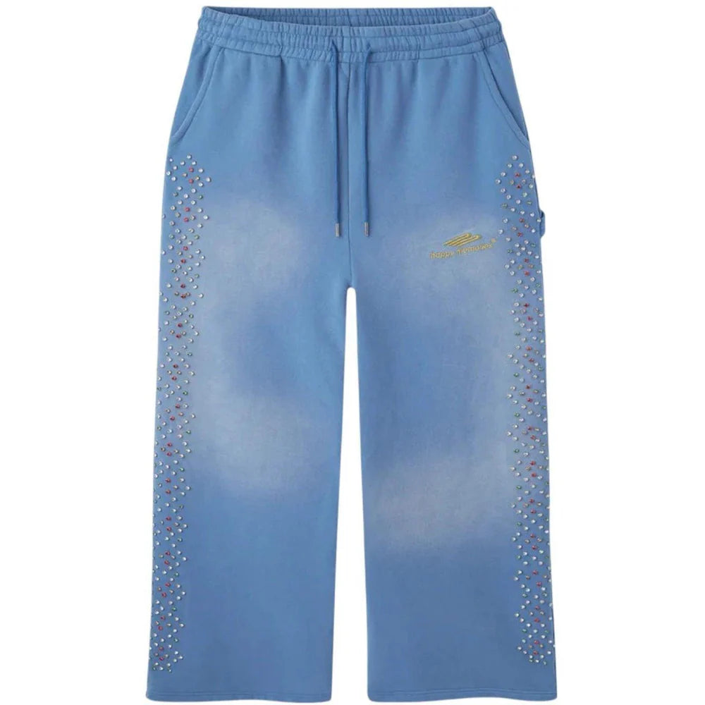 HMDD blue wide-leg Crystal Sweatpants with shimmering multi-colored rhinestones down the sides. Has drawstring waist & gold logo.