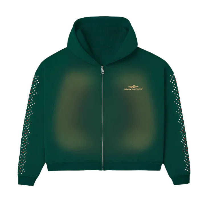 Dark green zip-up hoodie with a gold "happy memories" logo on the chest. White and red crystal embellishments line both sleeves.