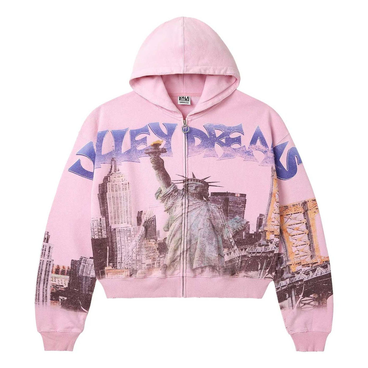 Pink Vale Forever cropped zip-up hoodie with distressed NYC skyline, Statue of Liberty, and Empire State Building graphic.