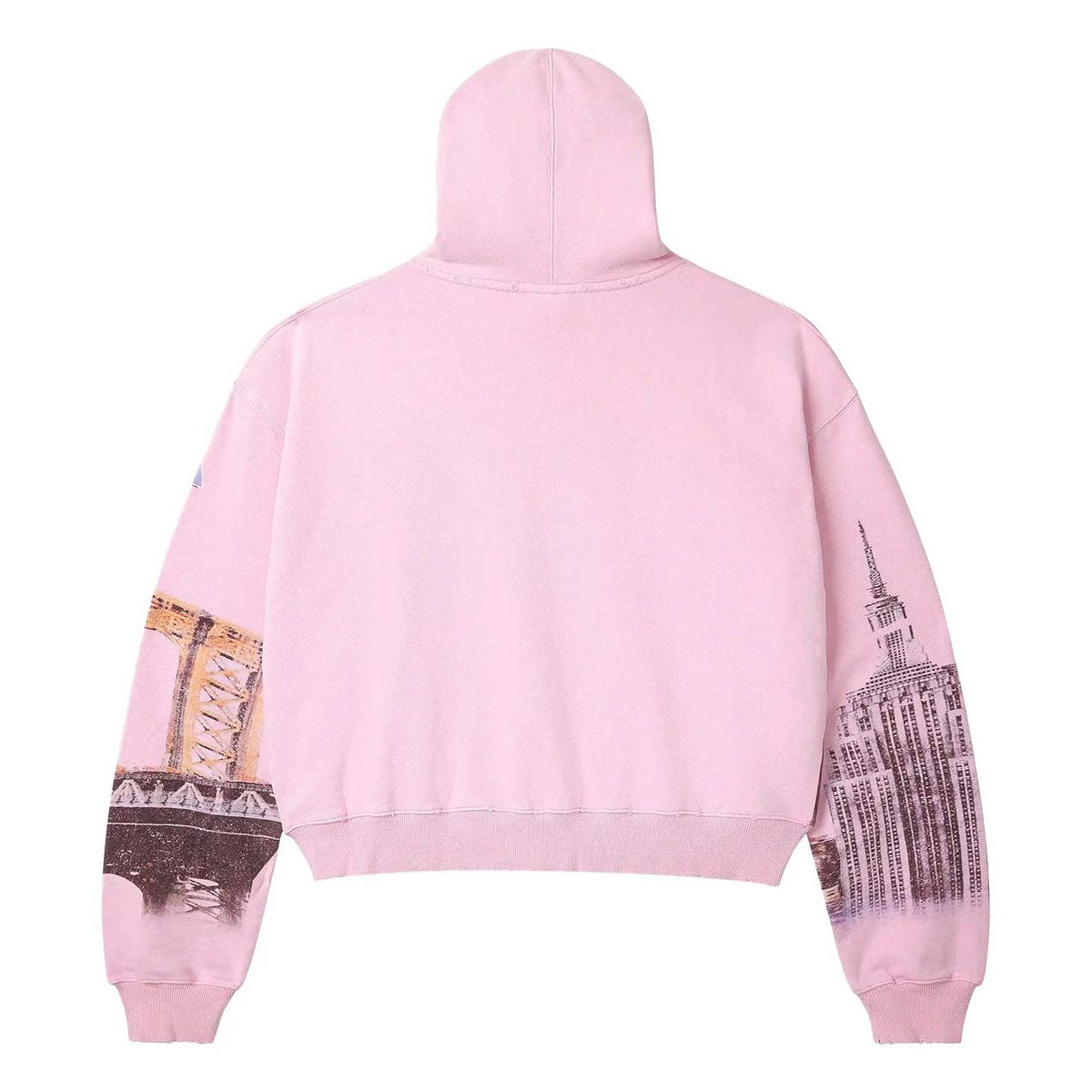 Pink Vale Forever NYC cropped zip-up hoodie, back view. Left sleeve features Brooklyn Bridge, right sleeve Empire State Building.
