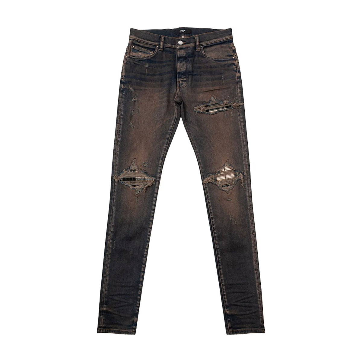 AMIRI Plaid MX1 Jean, dark indigo, distressed with rips on thighs and knees, features white/dark plaid patches, button fly.