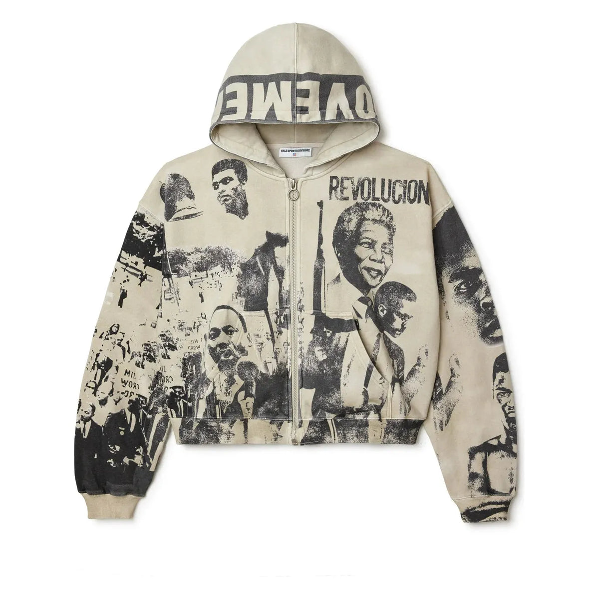 Tan Vale Forever Monument zip-up hoodie with distressed black MLK, Mandela, Ali, protest prints. "REVOLUCION," "MOVEMENT" on hood.