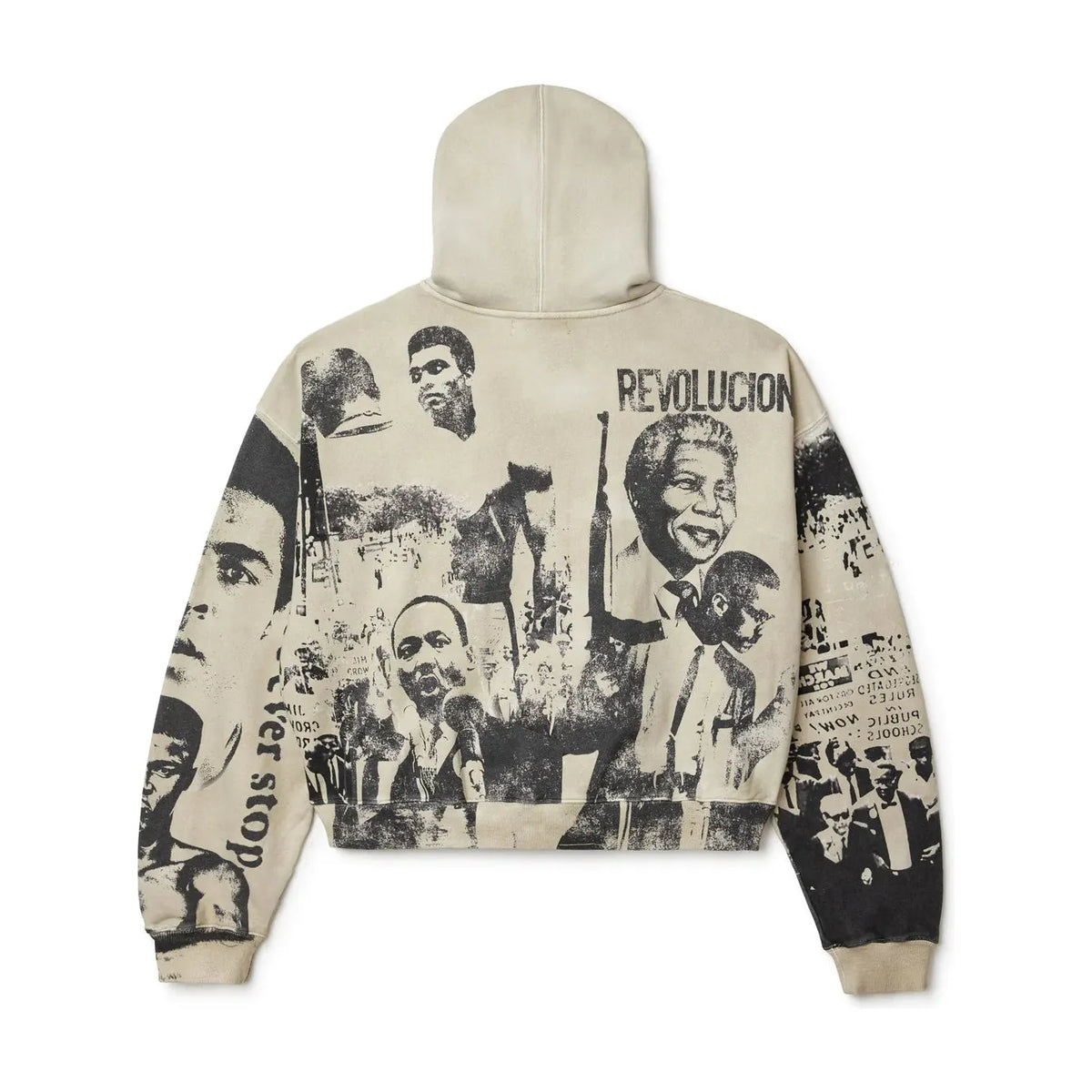 Tan Monument zip-up hoodie, back view, with black & white graphics of civil rights leaders & protests. "REVOLUCION" on back.