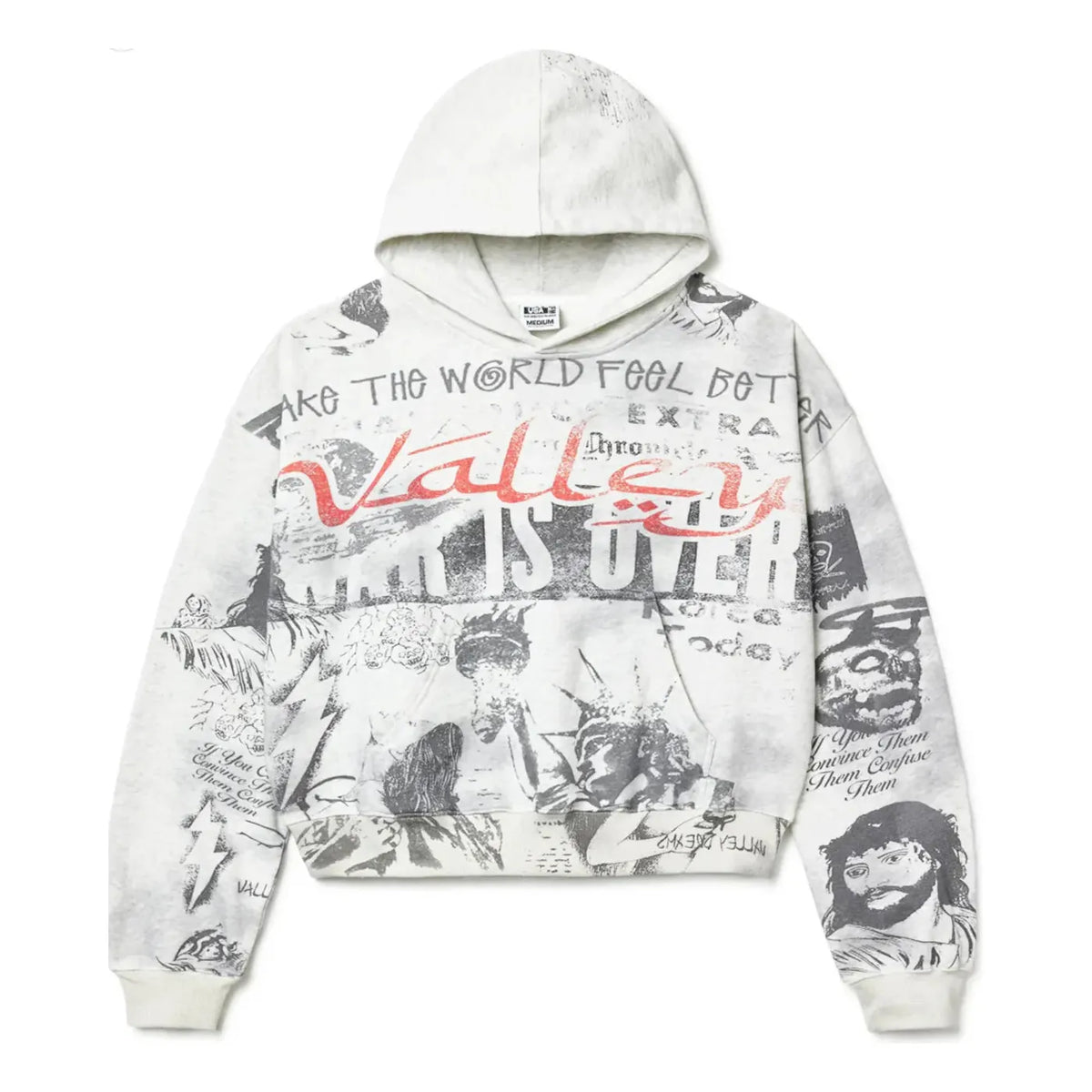 Vale Forever grey hoodie with all-over distressed black & white collage print, red 'Valley' text, and front pocket.