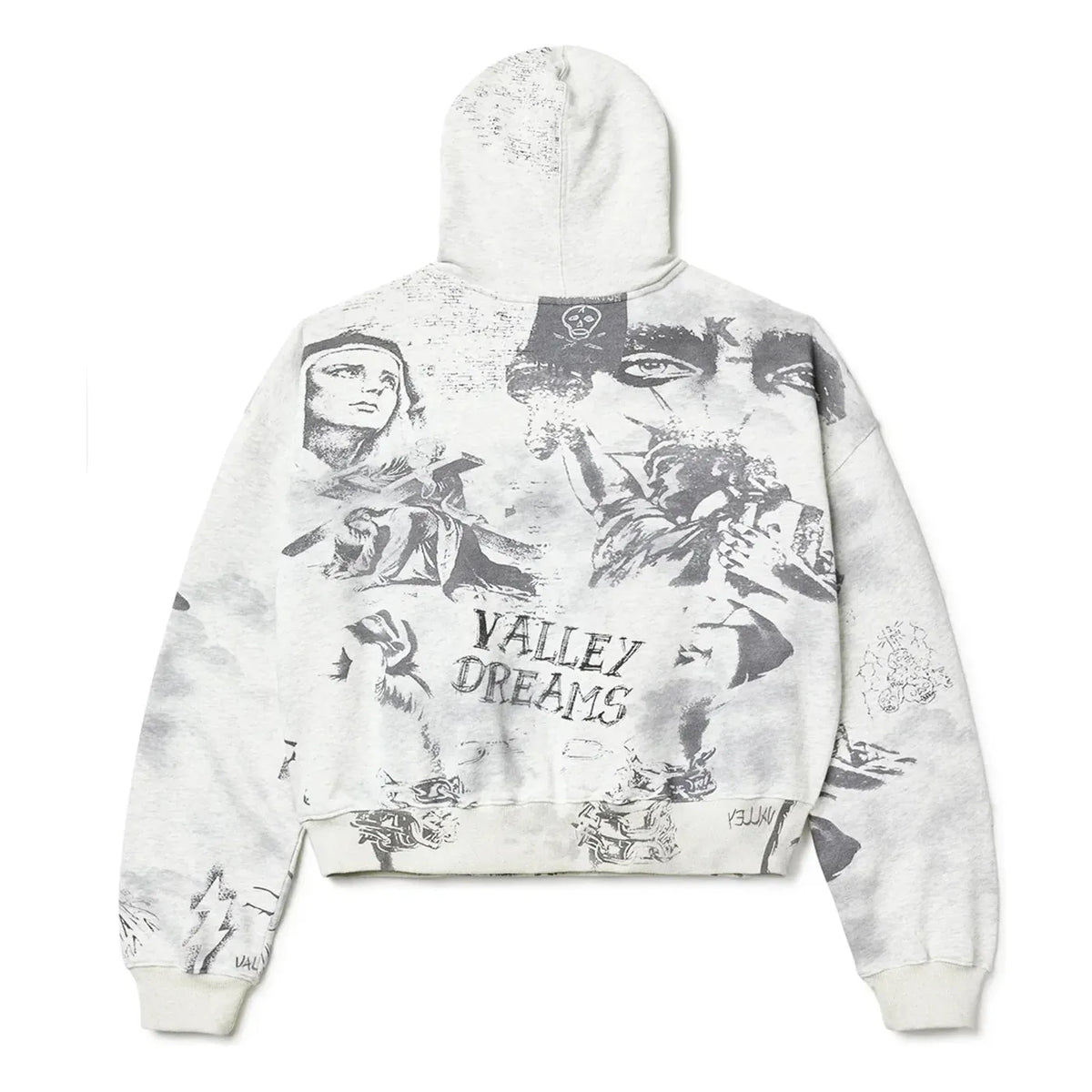 Grey Vale Forever Mural Pullover Hoodie with an allover distressed print of faces, figures, and "VALLEY DREAMS" text.