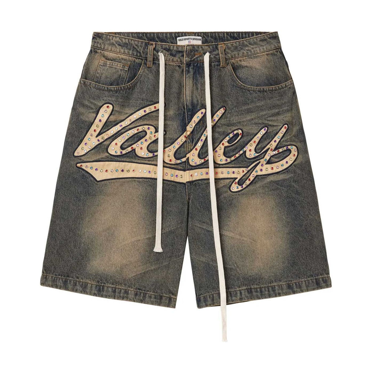 Baggy distressed black denim jorts, "Valley" script with multicolor rhinestones, white drawstring. Vale Sports Division on waist.