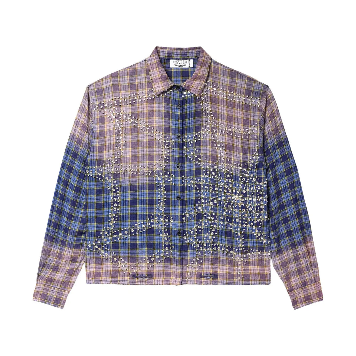 Vale Forever blue, purple, & yellow ombré plaid flannel shirt, studded with star & geometric patterns.
