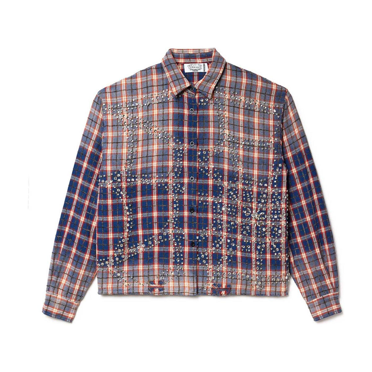 Vale Forever red/navy plaid flannel shirt with silver stud patterns covering the chest and lower front.