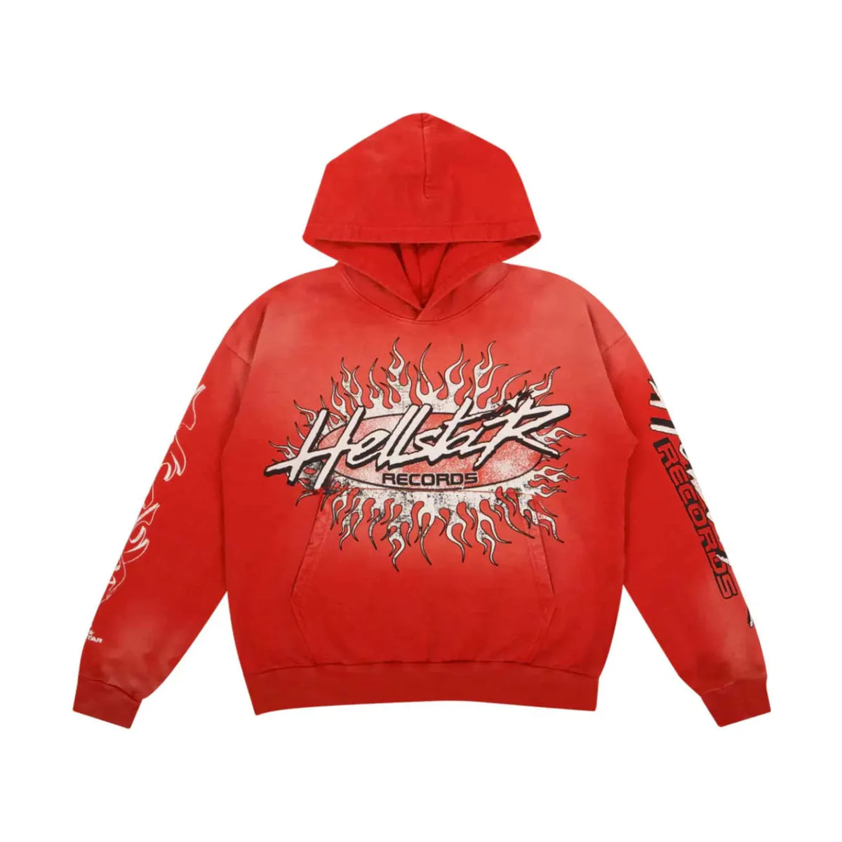 Red distressed Hellstar Records hoodie with white flame graphic on chest, 'RECORDS' on right sleeve.