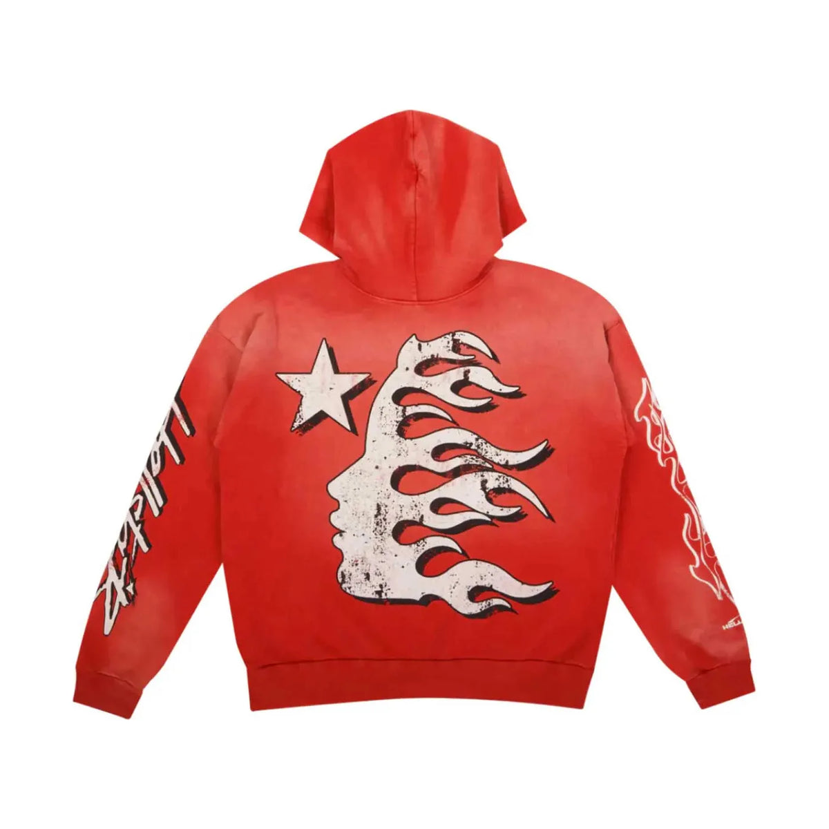Hellstar Records red hoodie with distressed white flaming face & star graphic on back. "Hellstar" on left sleeve, flames on right.